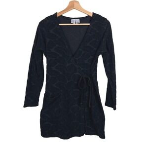 Third Coast Black Textured Leaf Print Wrap Tunic/Dress Long Sleeve Size Small